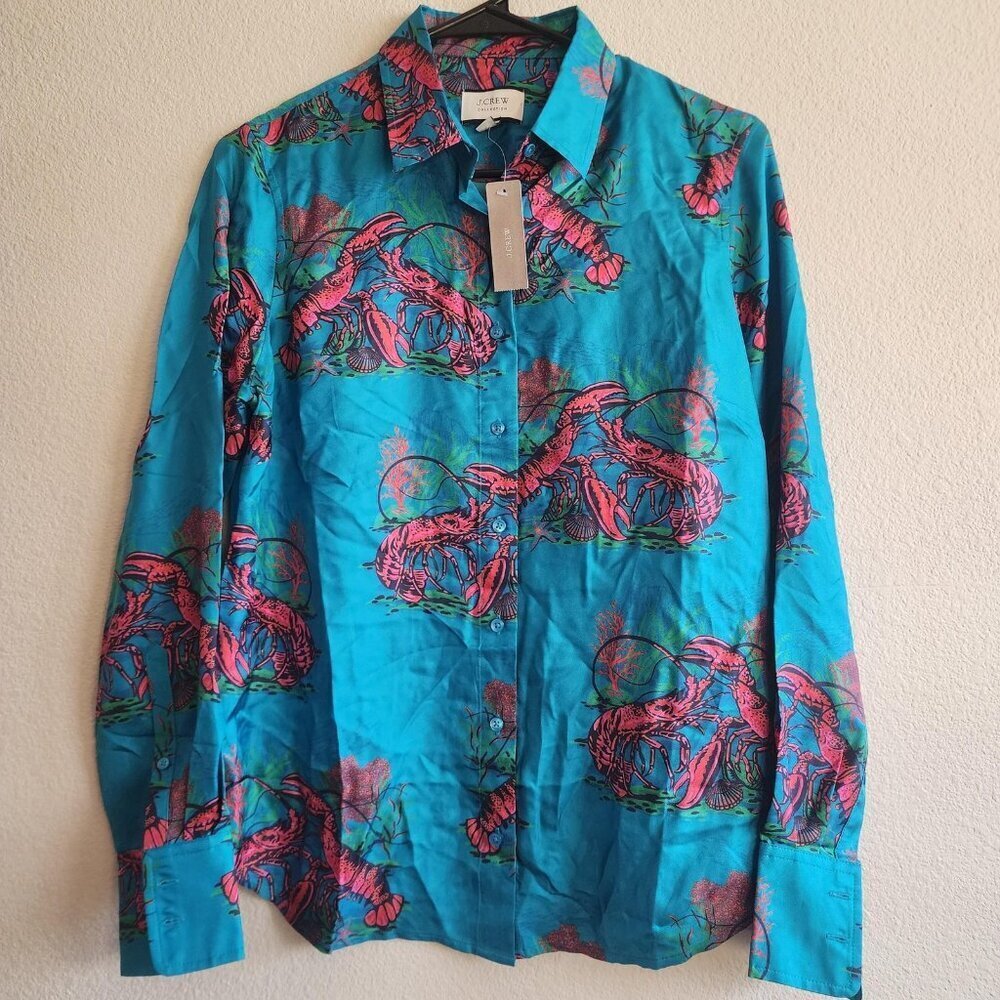 J Crew Collection Shirt Womens 6 Silk Lobster Print Button Up Reimagined Ocean